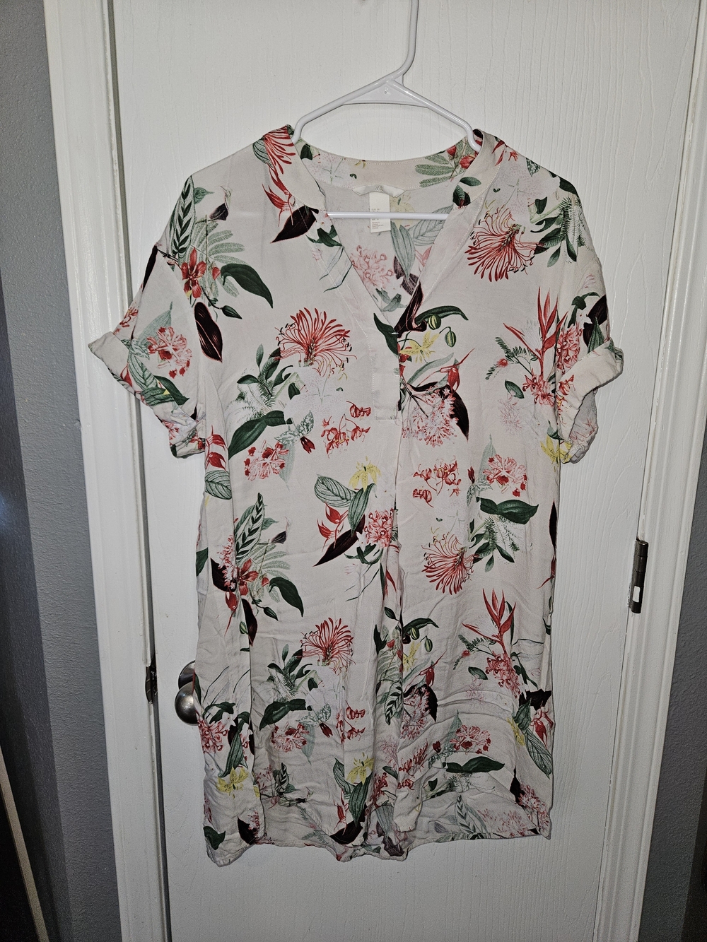 H&M Cream Floral Midi Dress with Red & Green Accents